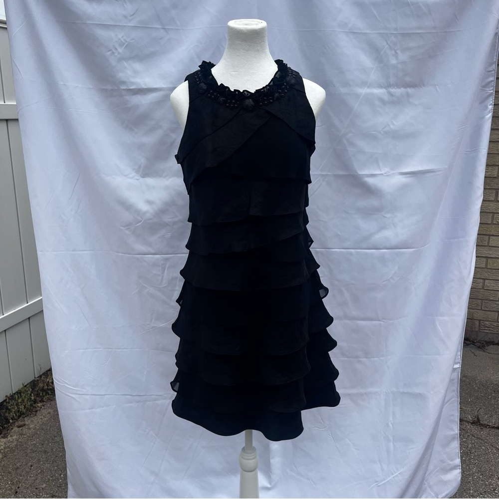 S.L. Fashions Black Ruffled Halter Beaded Mini Dress